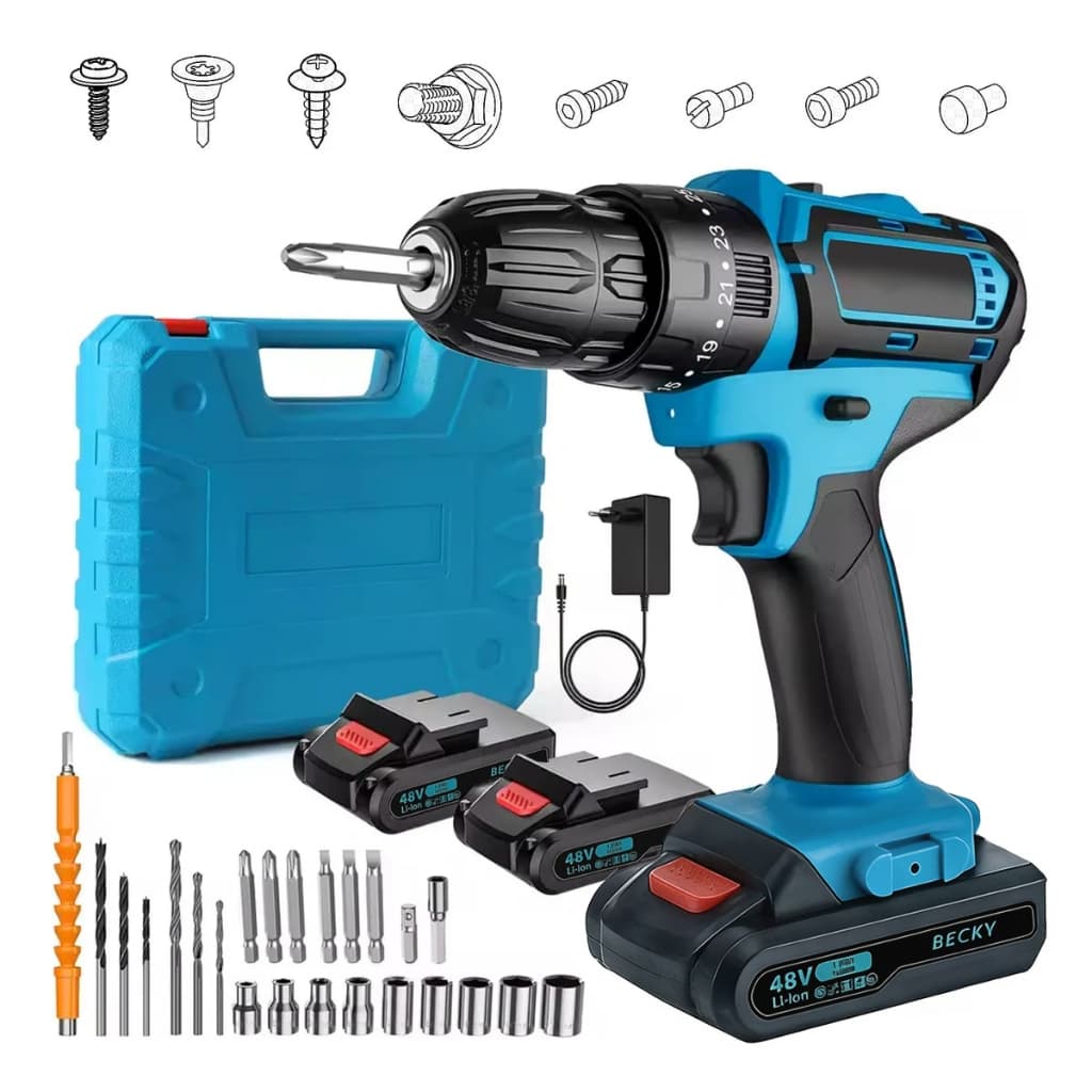 Parafusadeira 2 Baterias 48v Furadeira Maleta 28pcs Cor Preto/azul 110v/220v