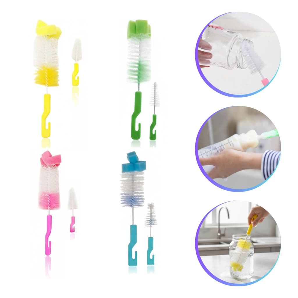Kit 2 Escovas Para Mamadeira e Bico Com Esponja Para Garrafa Copo Taça Kit Higiene Bebe