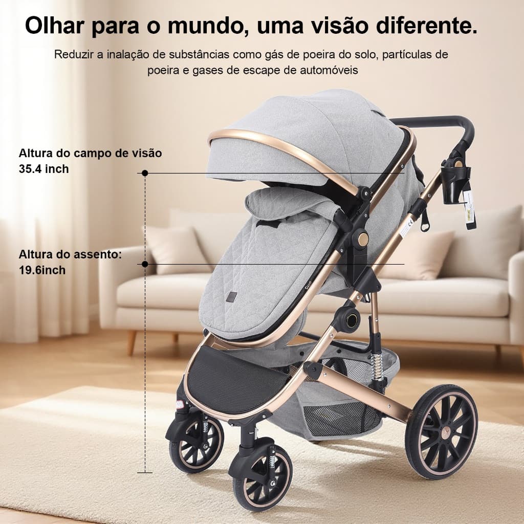 Carrinho de Bebê 3 Em1 Dobrável e Portátil,Com Conforto Moíses Reversível e Base Estrutura Preta e Dourada,Até 40kg
