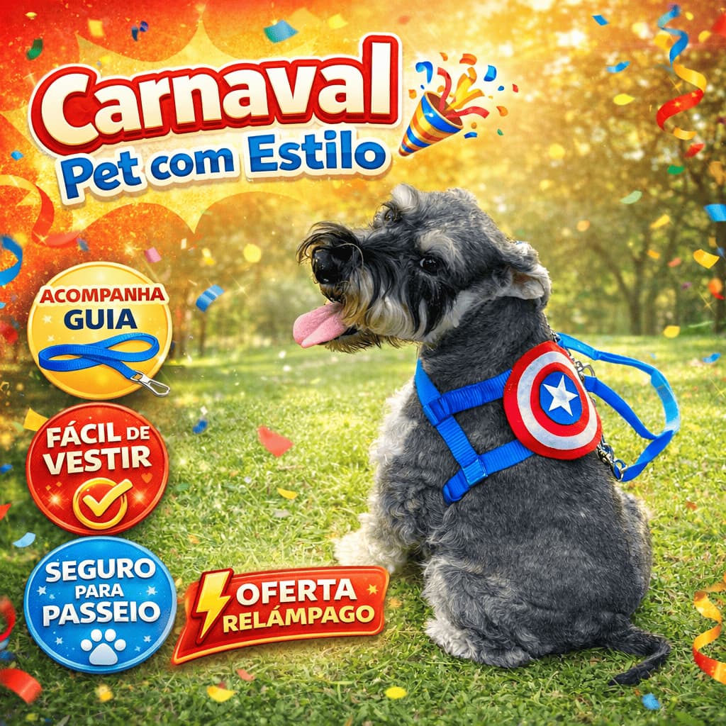 Peitoral Pet Ajustável com Guia Diversos Personagens Fantasia Pet Masculino para Cães Pequenos e Médios Coleira Gaby Pe