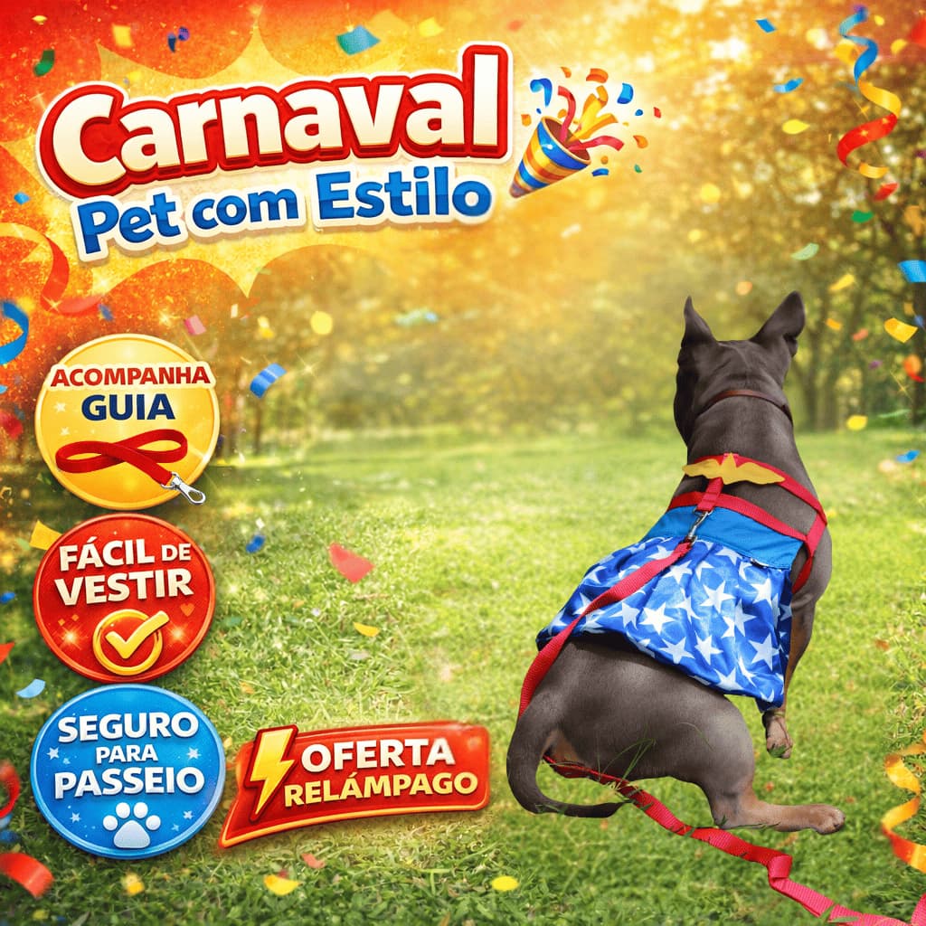 Roupa Peitoral Vestido Pet Mulher Maravilha – Coleira com Guia para Cães Pequenos e Médios Gaby Pet Ajustável Fantasia
