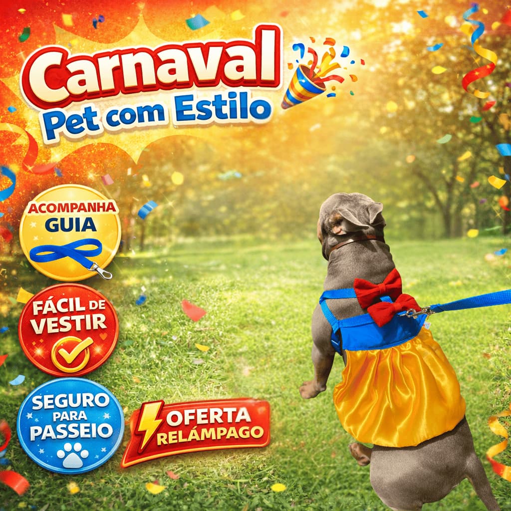 Roupa Peitoral Vestido Pet Branca de Neve – Coleira com Guia para Cães Pequenos e Médios Gaby Pet Ajustável Fantasia