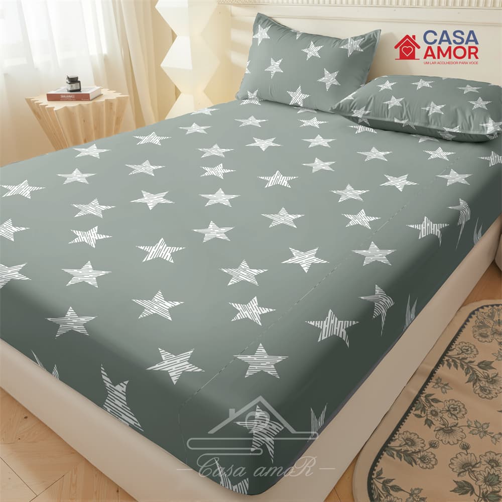 Estrela cinza Jogo De Lençol Listras em preto e branco 03 Peças SOLTEIRO/ CASAL /QUEEN Percal  Estampado