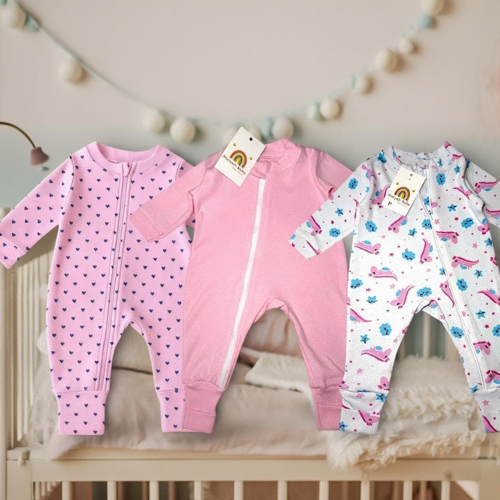 Kit 3 Macacões Bebé Menina Suedine 100% Algodão Com Zíper Manga Longa Enxoval
