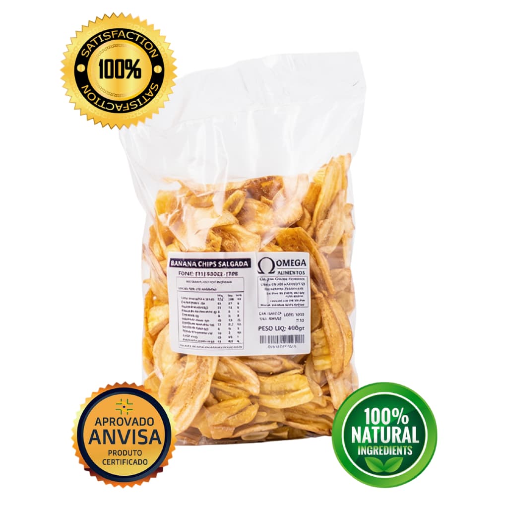 Banana Chips Salgada Crocante 100% 500G Natural — Snack Saudável, Sem Conservantes, Lanche Prático e Saboroso