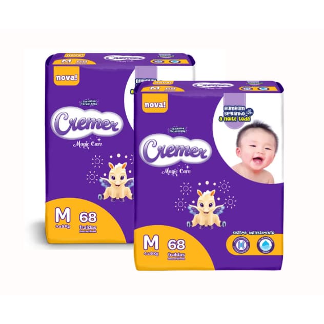 Kit 2 Fraldas Cremer Hiper M 68 Unidades