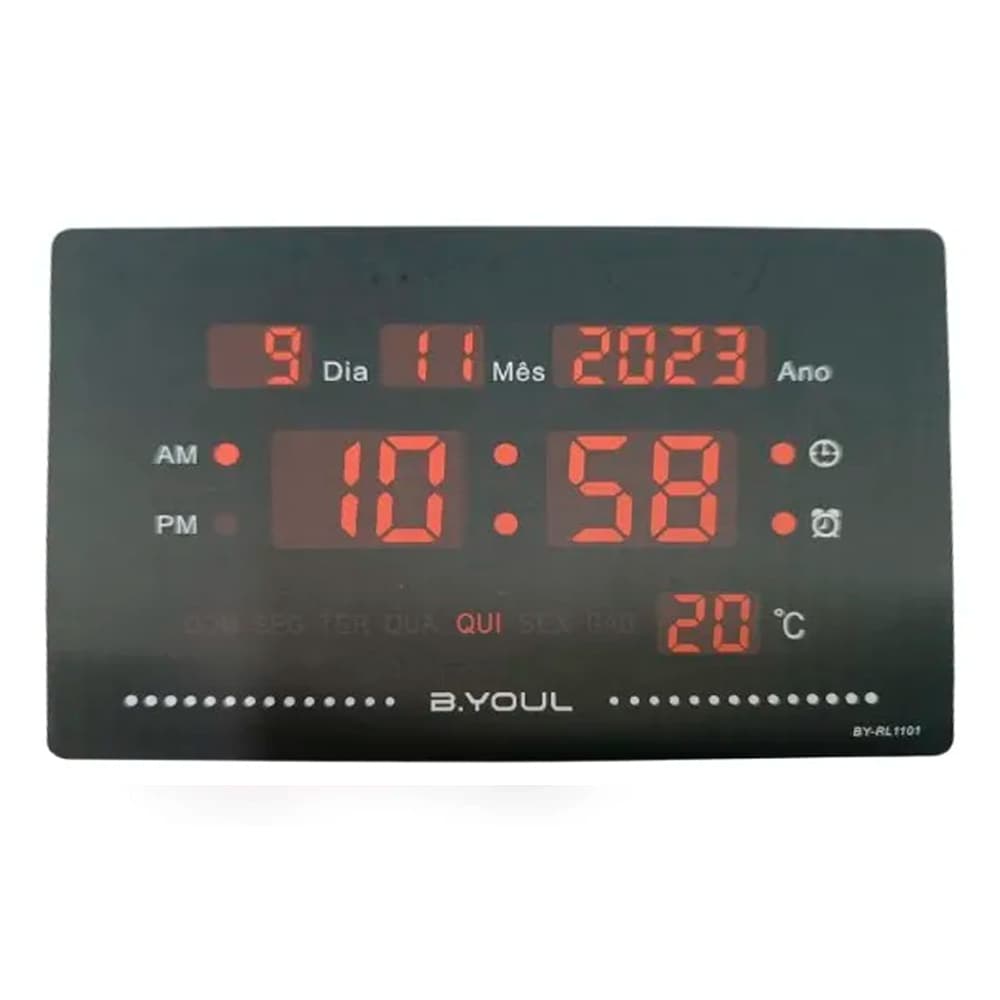 Relógio de Parede Digital com LED Vermelho - Calendário Automático, Memória de Energia, Termometro