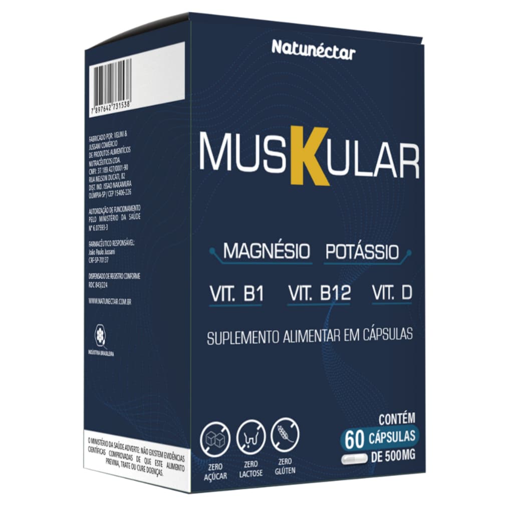 Muskular - Potássio,Cálcio,Magnésio,Vitamina B1, B12, Vitamina D 500mg 60 Cápsulas