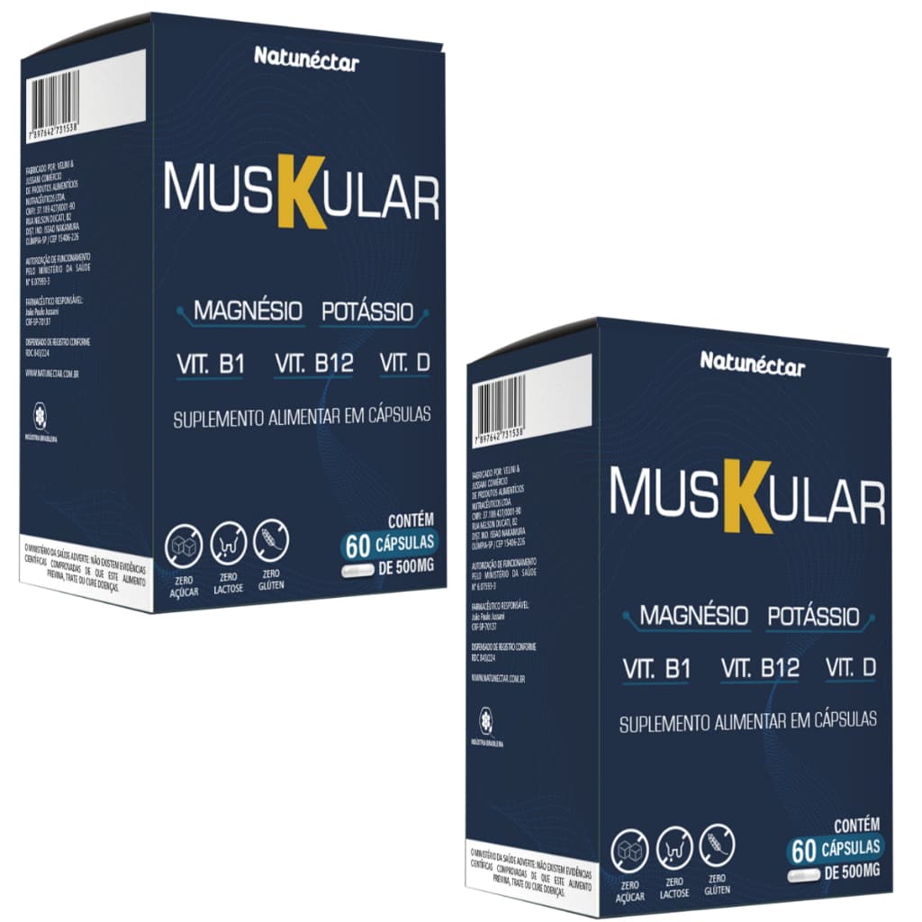 KIT 2 Muskular - Potássio,Cálcio,Magnésio,Vitamina B1, B12, Vitamina D 500mg 60 Cápsulas