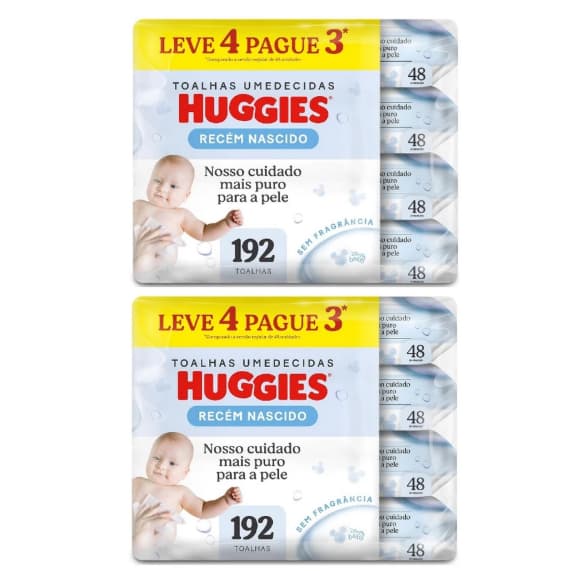 Kit 2 Toalhas Umedecidas Huggies Recém-Nascido 384 Unidades | Sem Fragrância | Leve 4 Pague 3
