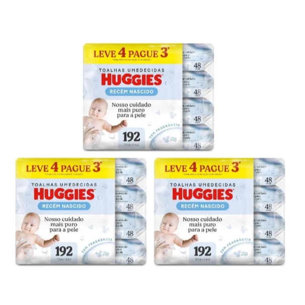 Kit 3 Toalhas Umedecidas Huggies Recém-Nascido 576 Unidades | Sem Fragrância | Leve 4 Pague 3