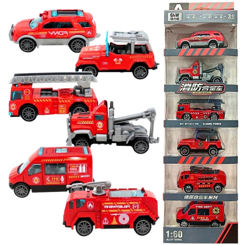 Kit 6 Carrinhos de Metal Bombeiro Coleção Brinquedos Miniaturas Hot Cars Infantil Presente Na Caixa