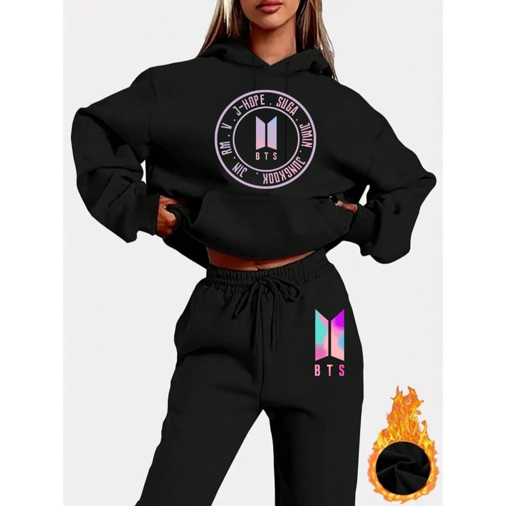 CONJUNTO MOLETOM E CALÇA, MOLETOM COM CAPUZ E BULSO FLANELADO BANDA BTS COLIRDO CIRCULO INTEGRANTES