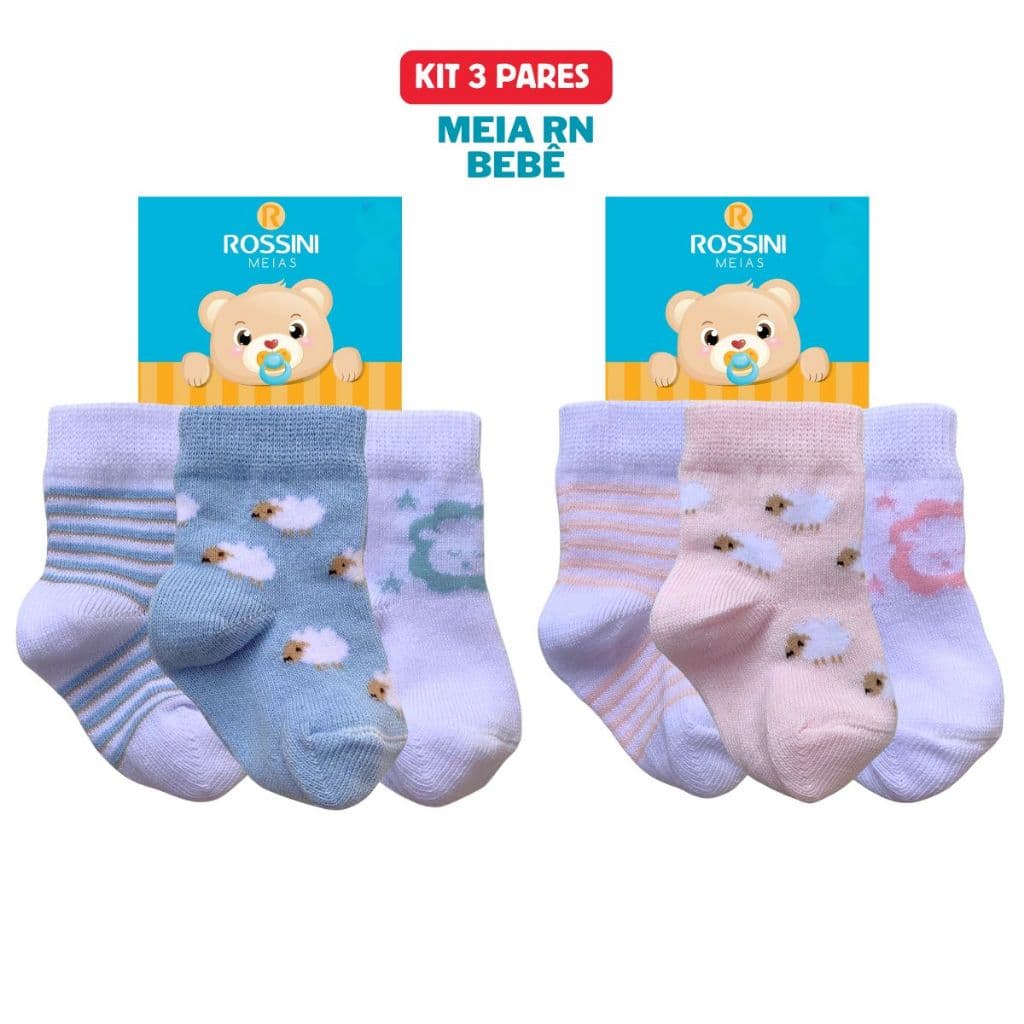 Kit 3 Pares Meias Maternidade Enxoval Chá do Bebê Recém Nascido Algodão