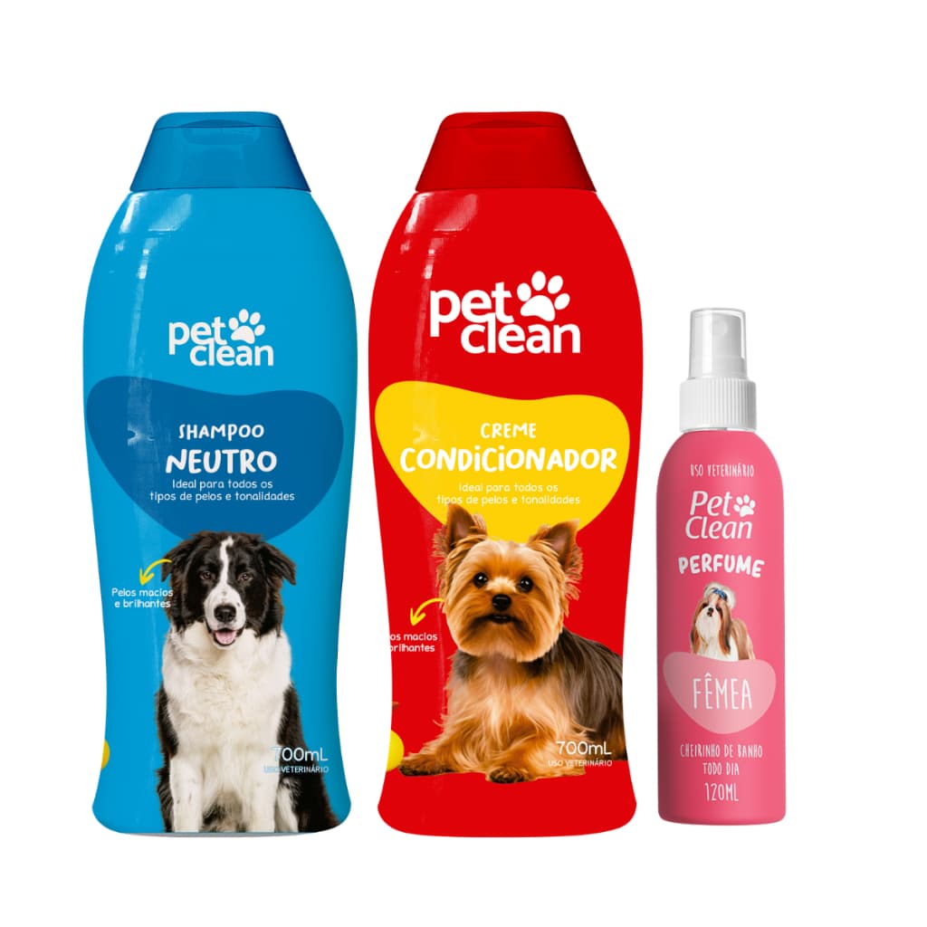 Pet Clean Kit Shampoo Neutro 2em1 Condicionador e Perfume Fêmea - 3 itens para Cães e Gatos