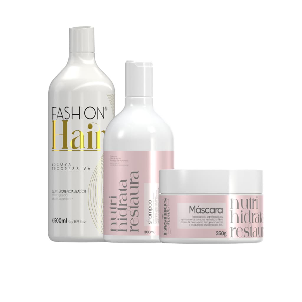 Kit Fashion Hair Escova Progressiva 500ml + Shampoo Hidratante 300ml + Máscara Condicionante 250g