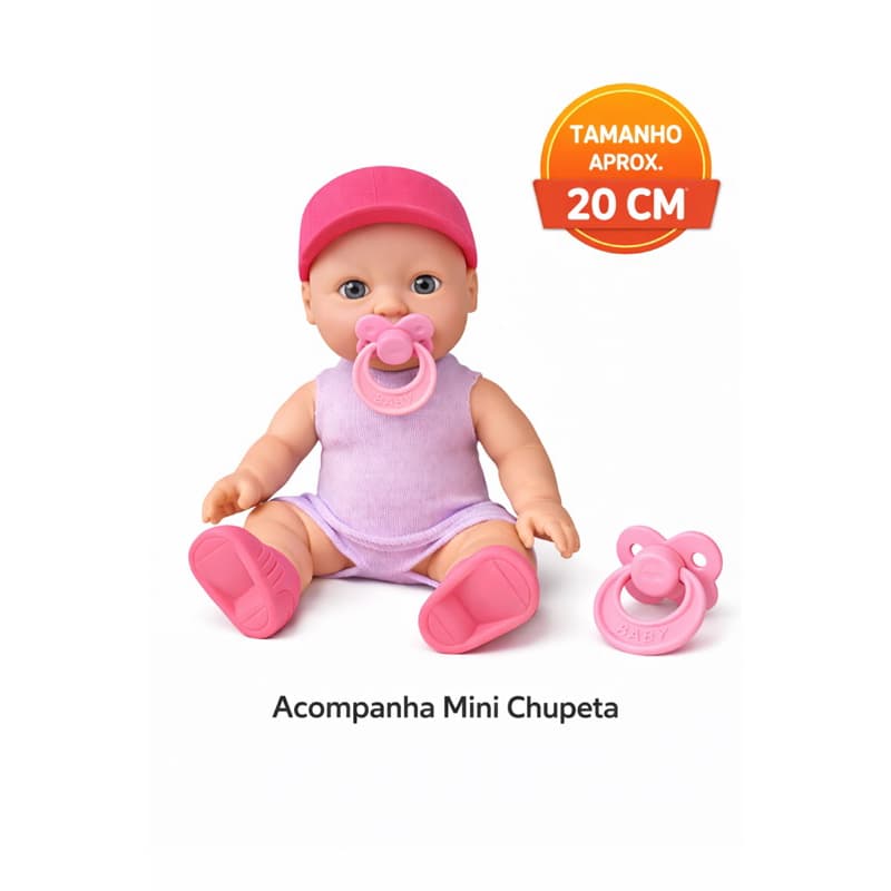 Boneca Elya Branca Infantil 20cm com Chupeta Rosa | Brinquedo Menina