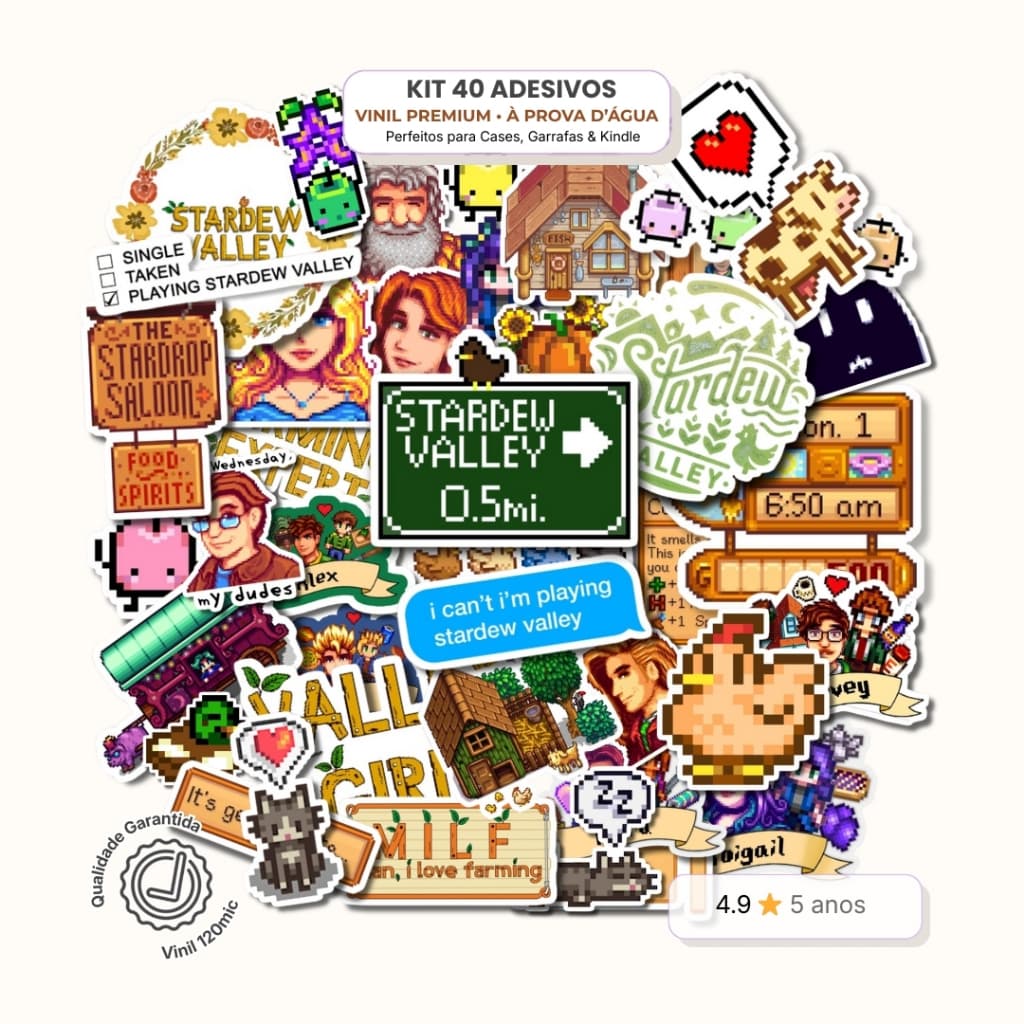 Kit 40 Adesivos STARDEW VALLEY - Vinil | Stickers Papelaria Criativa Jogo Cozy Gamer Farm