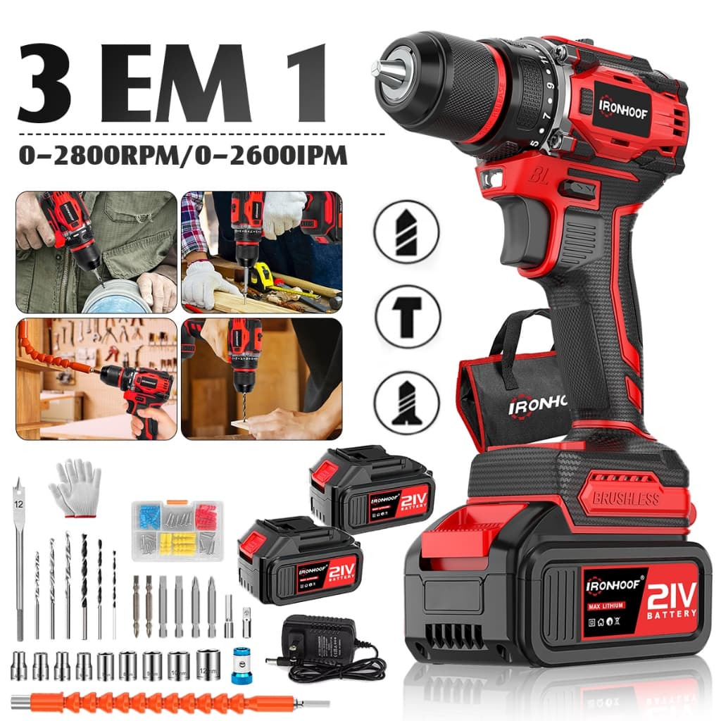 Brushless Parafusadeira Furadeira De Impacto 21V 2 Baterias 120N.m