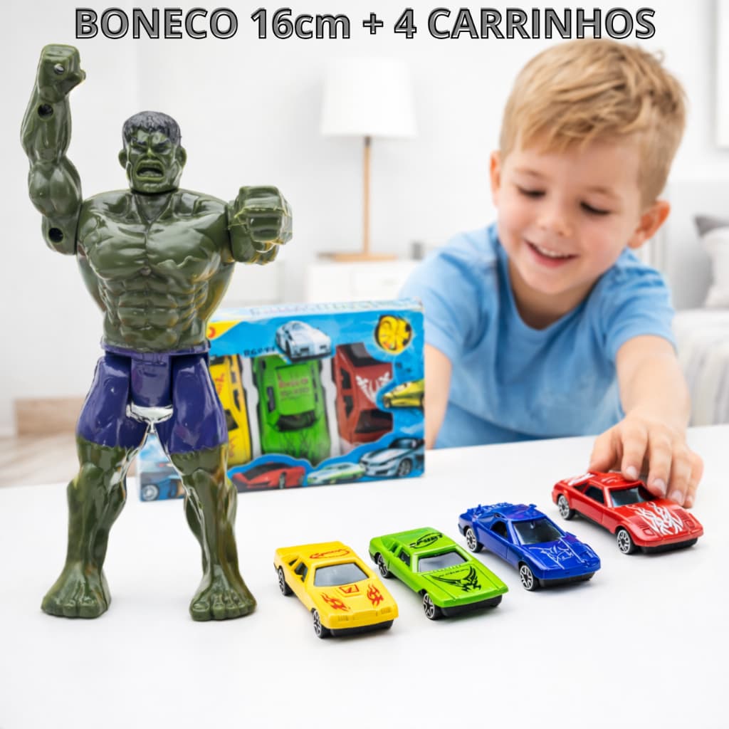 Kit Boneco Articulado 16cm + 3 Carrinhos Corridas e Aventuras para Crianças Presente Para Meninos