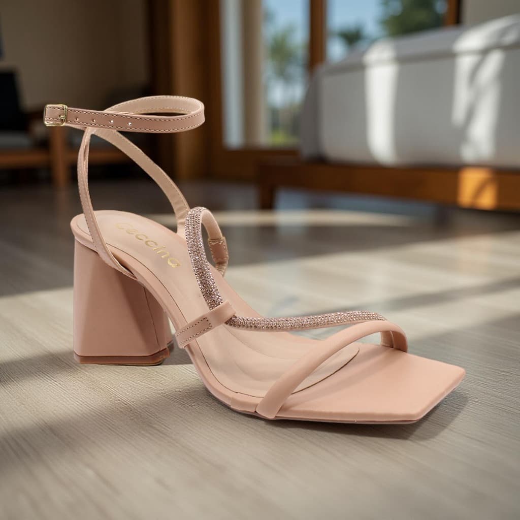 Sandália Feminina Nude Salto Bloco 7,5cm Strass Calcado Confortável Elegante Moda Moderno