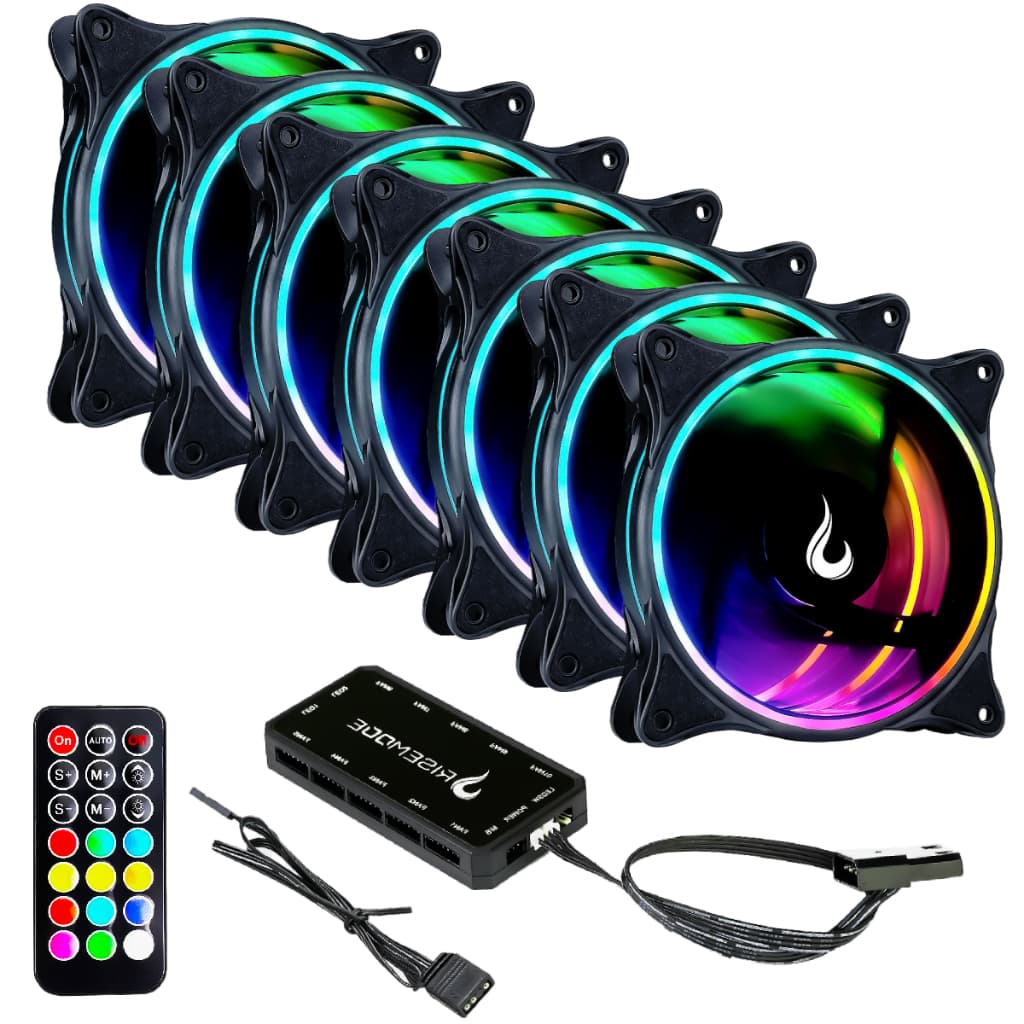 Kit 7 Fans Cooler Ventoinhas Pc Gamer Rise Mode Laser Black Argb C/ Controladora Hub Preto