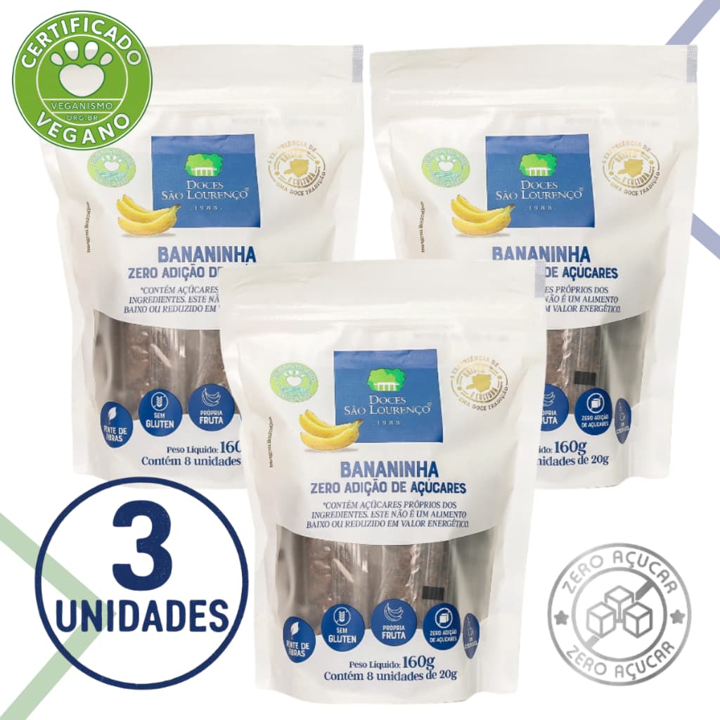 Kit 3 Bananinha Zero Adição de Açúcares São Lourenço 160g – Saudável e Natural