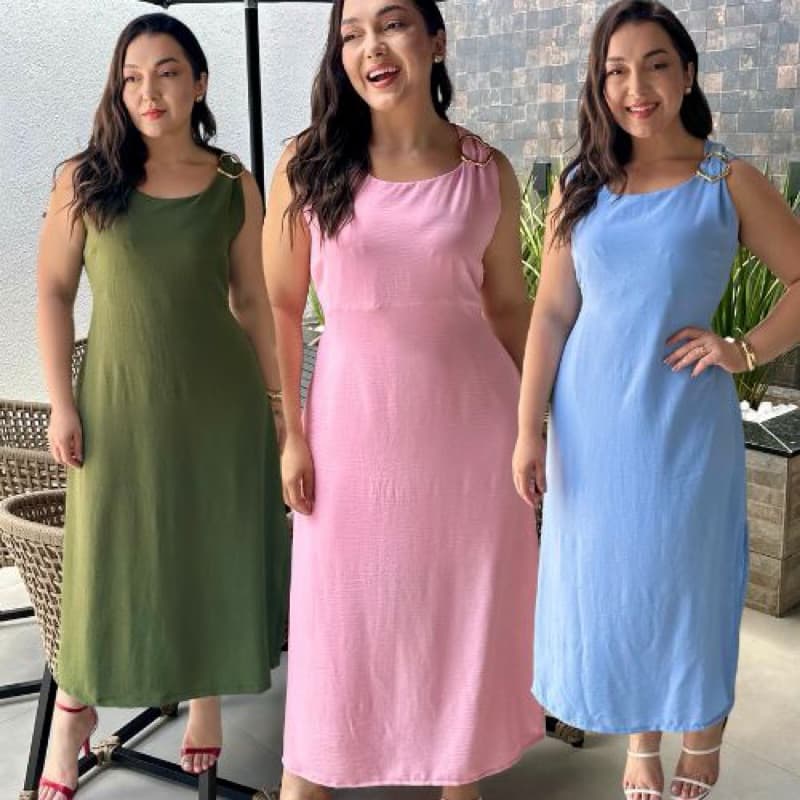 Vestido midi feminino moda maior forrado fivela assimetrica de um lado elastico na cintura plus size