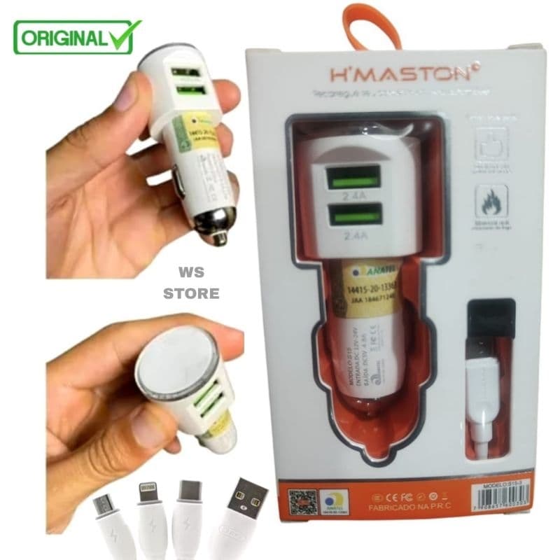 Carregador de celular Veicular Duplo USB Com Cabo Tipo-C / iPhone / V8 Original