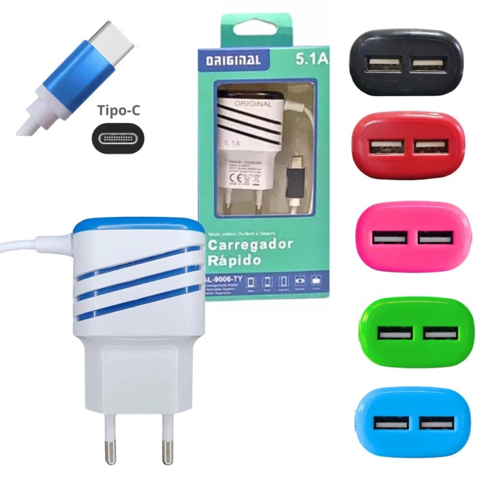 Carregador Tipo-C 5.1A com 2 Entradas USB – Carga Rápida e Segura - Envio Rápido