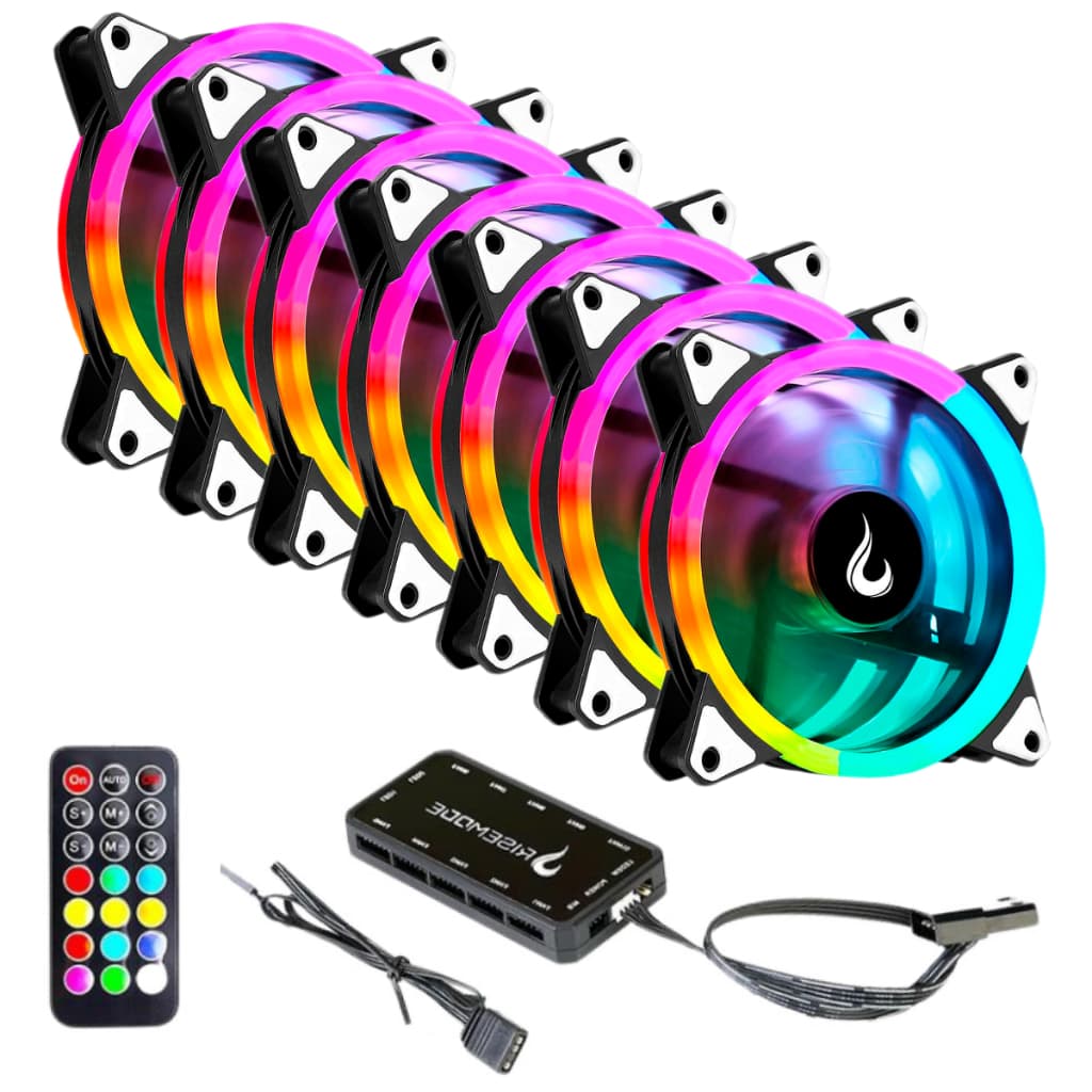 Kit 7 Fans Cooler Ventoinhas Pc Gamer Rise Mode Energy Argb C/ Controladora Hub Preto