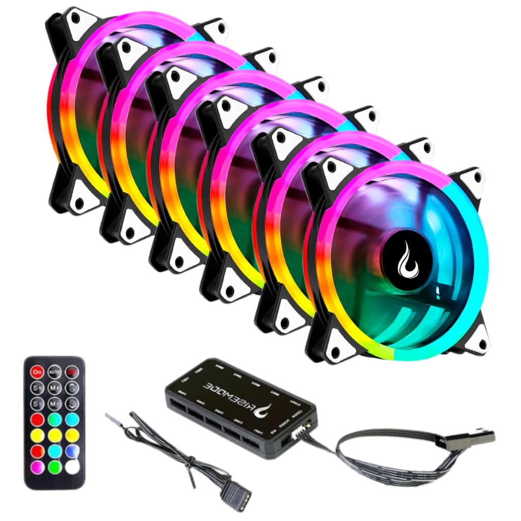 Kit 6 Fans Cooler Ventoinhas Pc Gamer Rise Mode Energy Argb C/ Controladora Hub Preto