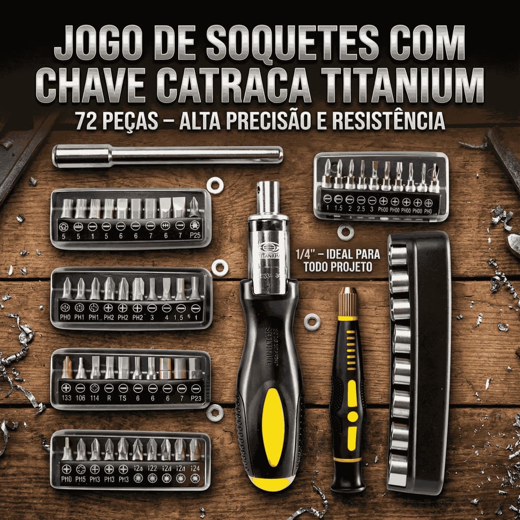 Jogo de Soquetes com Chave Catraca Titanium 72 Peças 1/4" 05517 Completo e Resistente