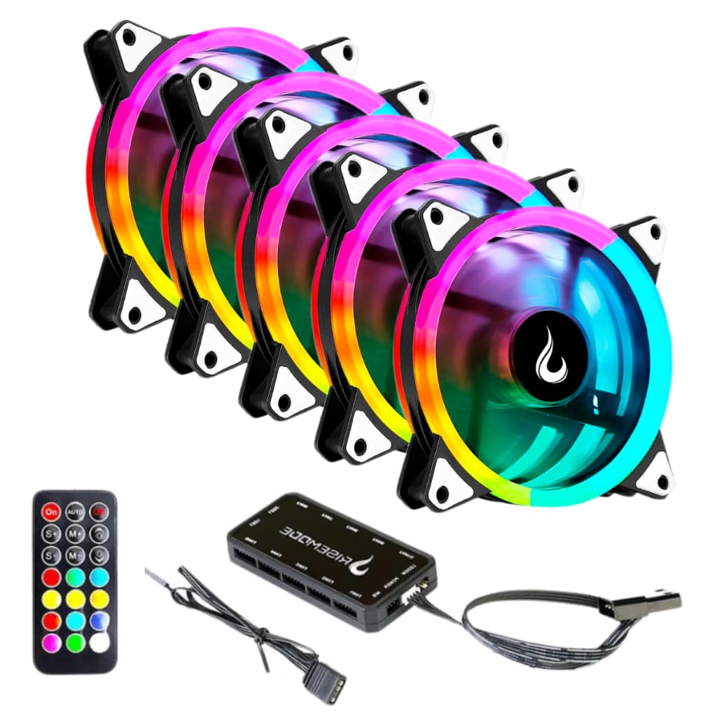 Kit 5 Fans Cooler Ventoinhas Pc Gamer Rise Mode Energy Argb C/ Controladora Hub Preto