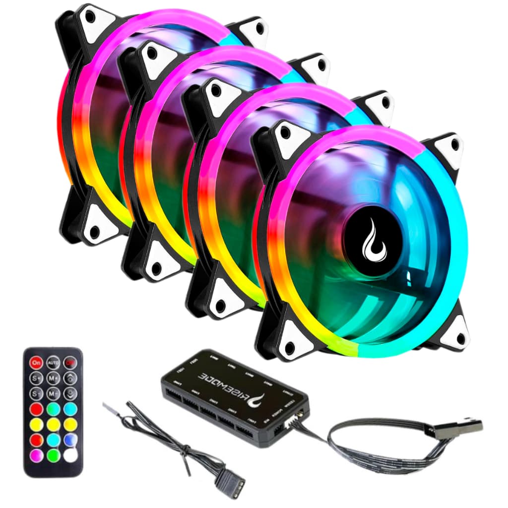 Kit 4 Fans Cooler Ventoinhas Pc Gamer Rise Mode Energy Argb C/ Controladora Hub Preto