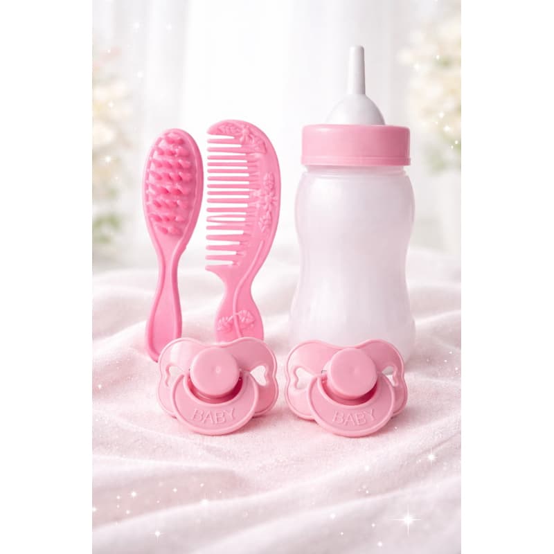 Kit Acessórios Boneca Reborn Rosa Coração Mamadeira 13cm /Pente /Escova 2 Chupetas Infantil