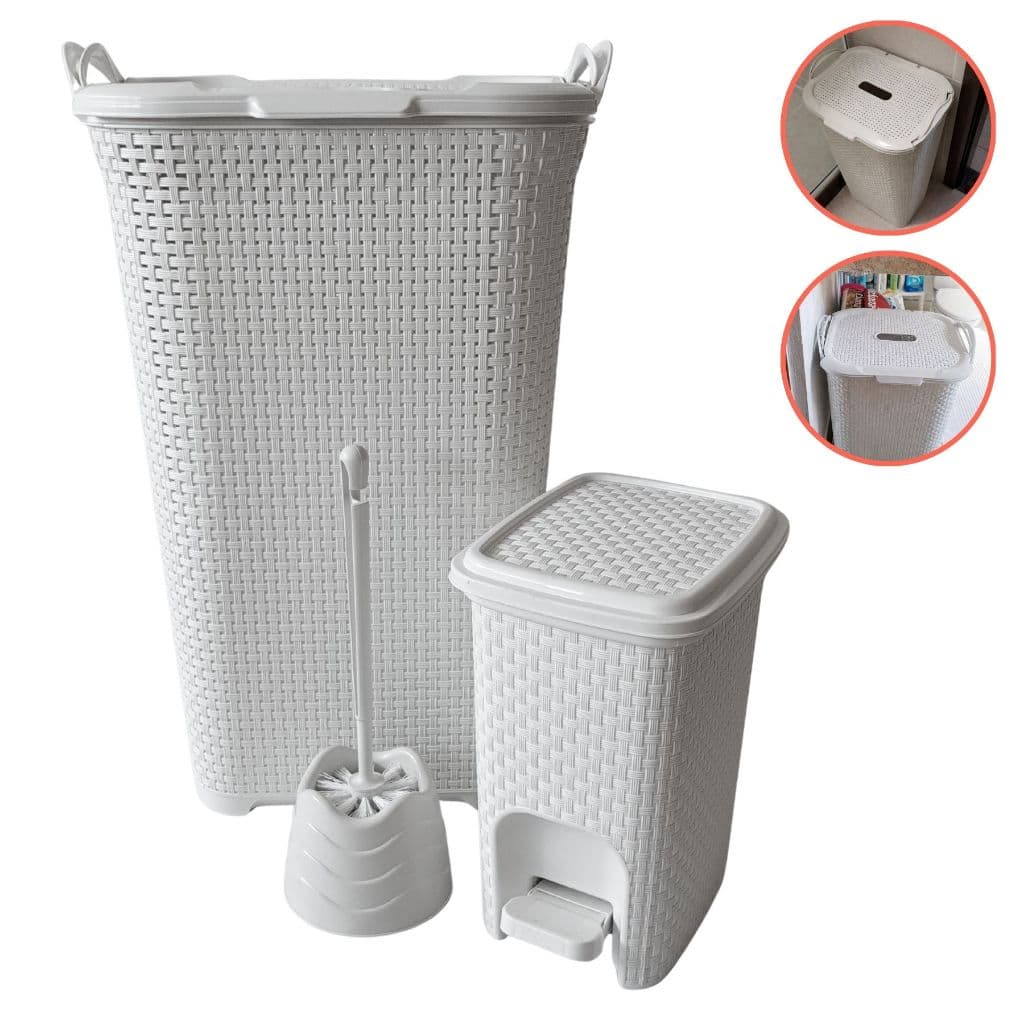 Kit Banheiro Lixeira Pedal 7L + Cesto Roupa 50L + Escova Sanitária Limpeza Organização Plástico Resistente Limpador