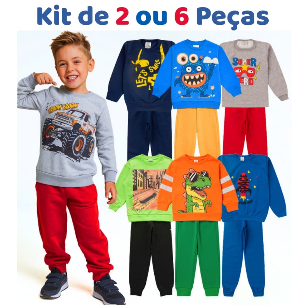 Kit de 2 ou 6 peças Moletom Infantil Menino Conjunto Masculino Outono Inverno