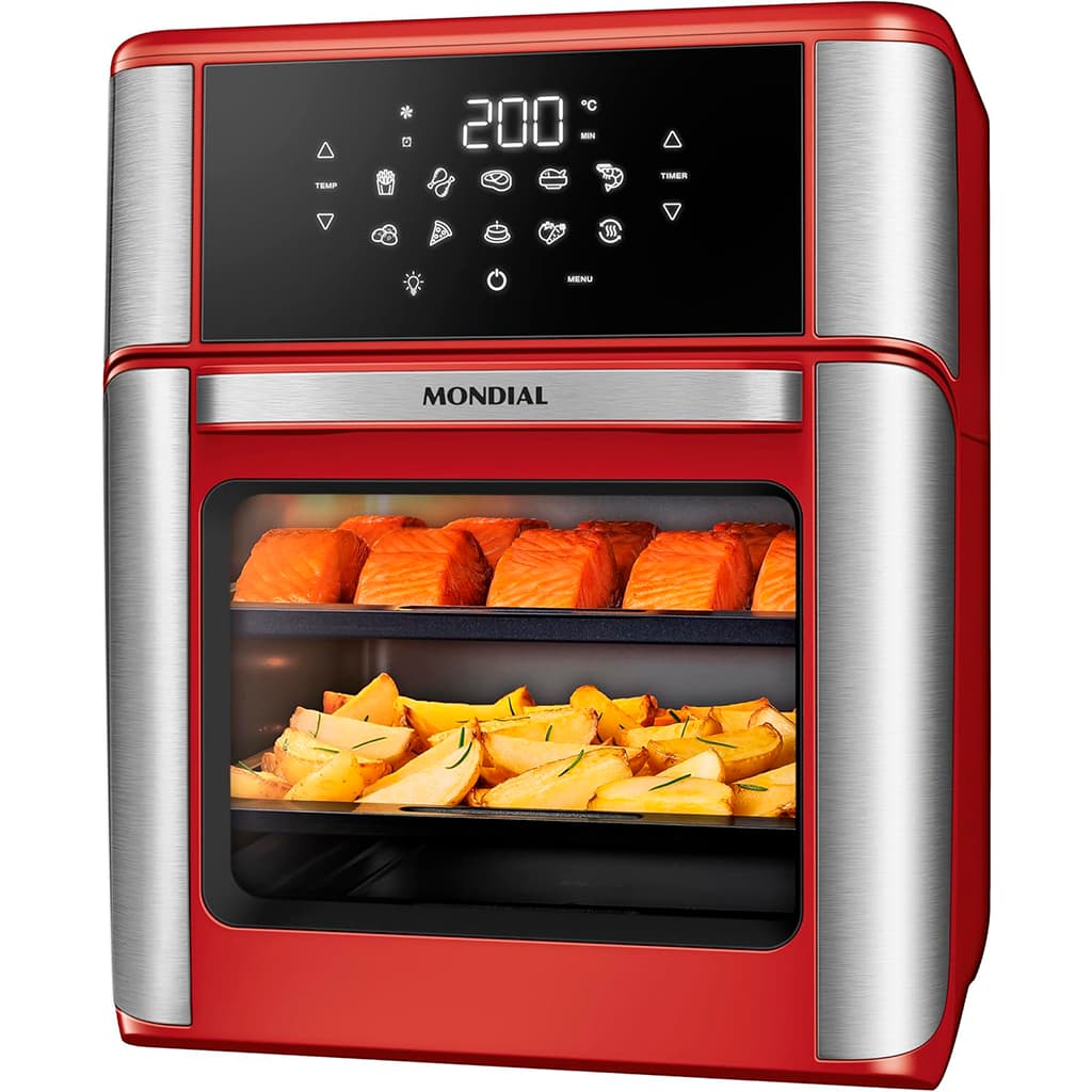 AIR FRYER FORNO OVEN MONDIAL 12L AFON-12L-RI (127V) 2000W VERMELHO/INOX | PAINEL DIGITAL 10 FUNÇÕES