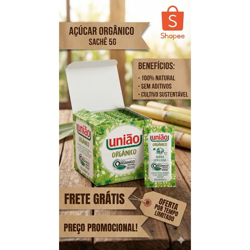 kit com 100 Sachês Orgânico União 5g | Açúcar Natural e saudável para Café e Chá