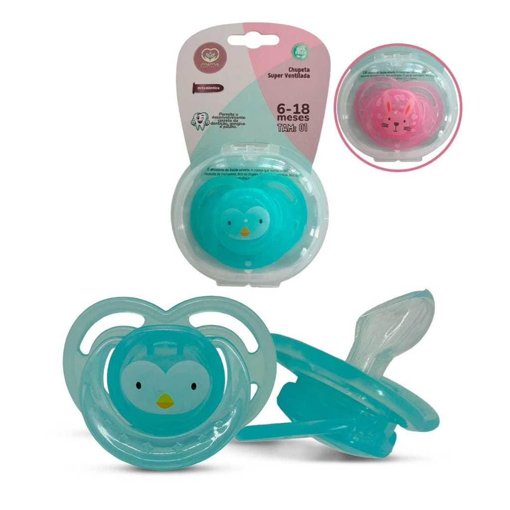Chupeta Super Ventilada Bico Ortodôntico Com Tampa Tamanho 1 Estampada Azul Rosa