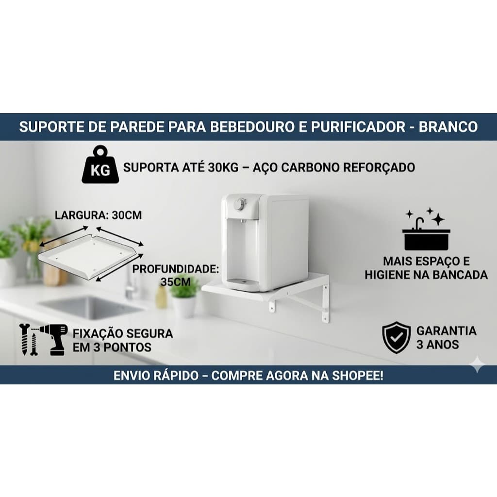 SUPORTE DE PAREDE PARA PURIFICADORES E BEBEDURO PRATELEIRA DE FERRO FIXADO NA PAREDE SUPORTE 30 KG