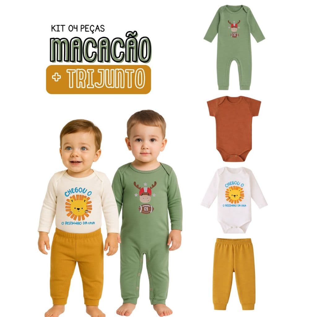 Kit4 Roupa Bebê Menino Menina Body Manga Longa Curta Mijão Macacão Transpassado botão algodão P-GG