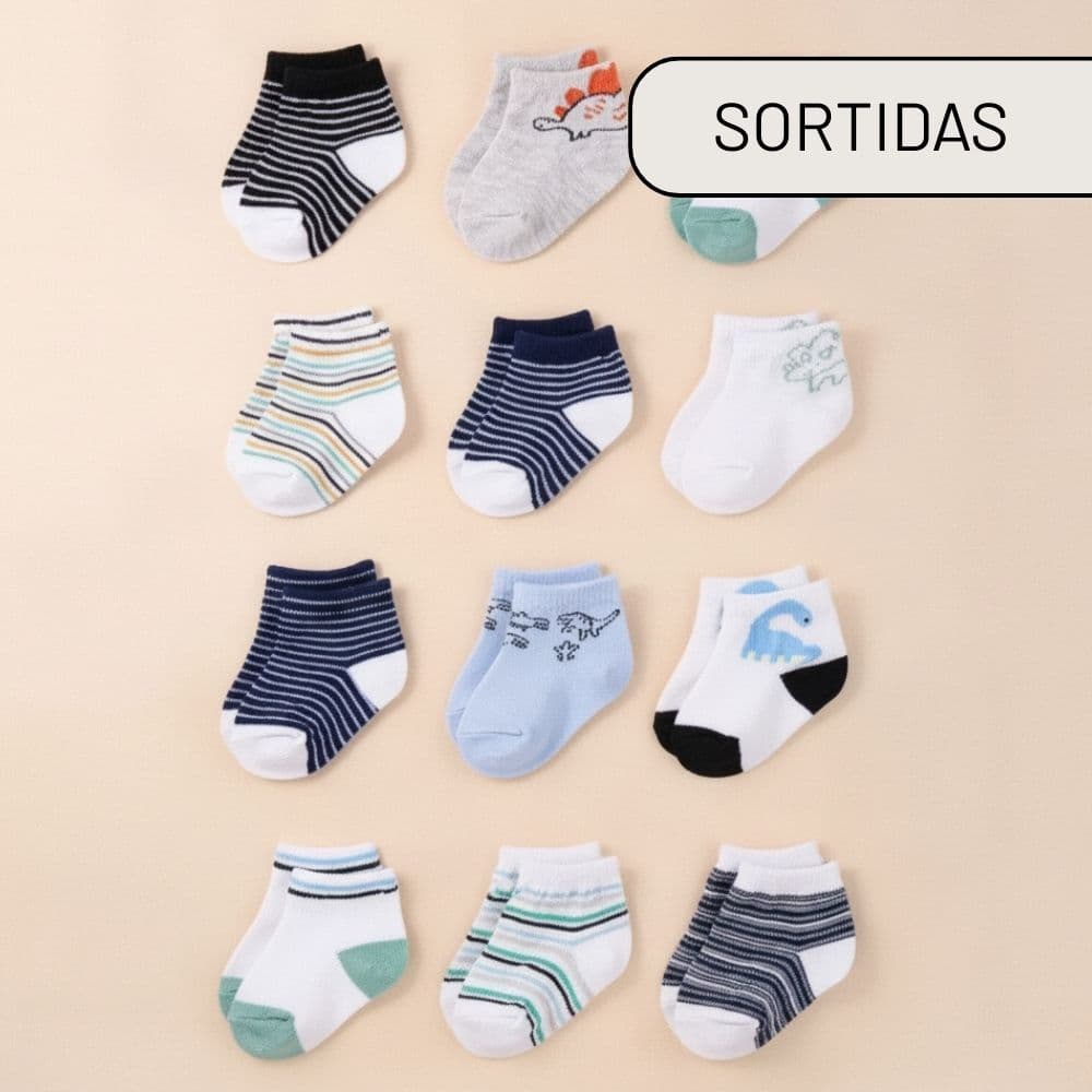 Kit de 3 Até 12 Pares Meias Bebe Menino Algodão Com Estampas Enxoval