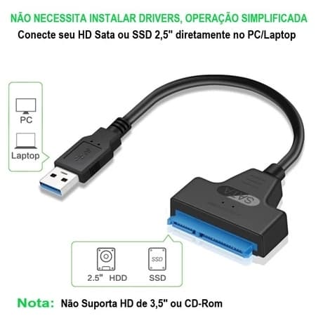 Cabo SATA USB 3.0 2.0, 2.5 "Disco Rígido Externo, HDD, SSD, 3 Adaptador Cabo Sata III, até 6 GBps