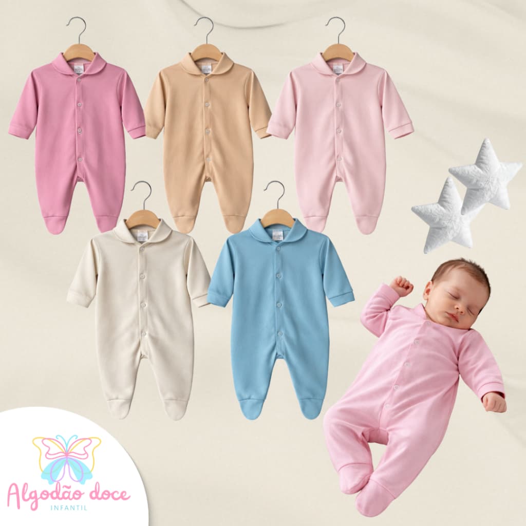 Kit C/ 5 macacão de bebê liso linha confortável roupa de bebê enxoval