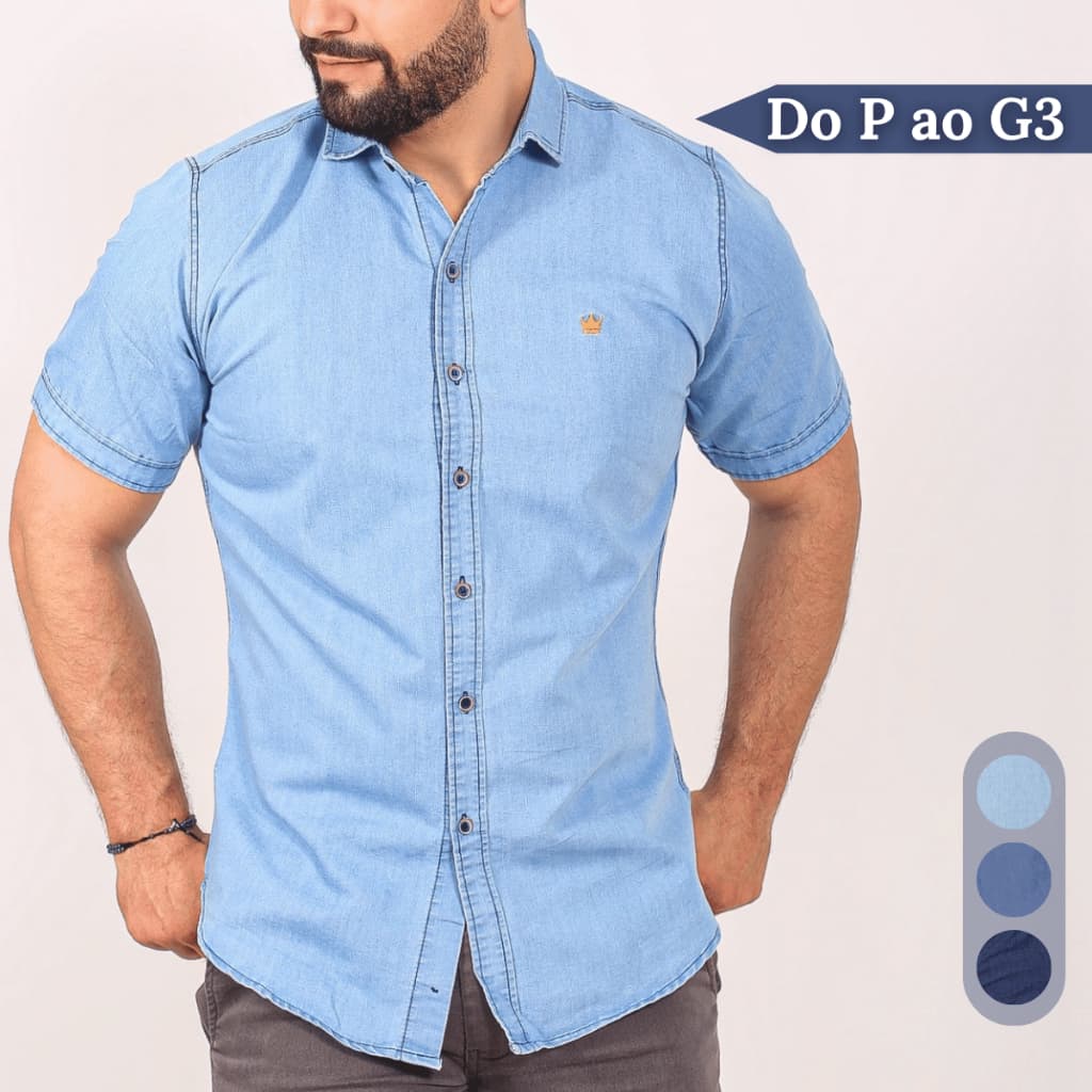 Camisa Social Jeans Masculina Lisa Básica Manga Curta Casual Formal Slim