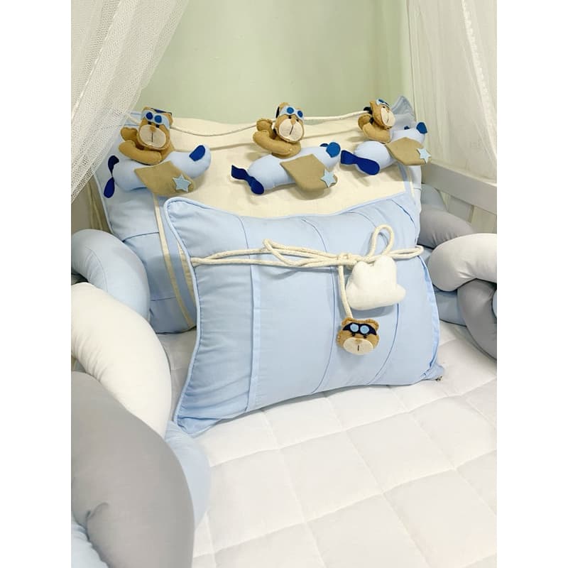 kit berço urso aviador azul claro/ enxoval de bebê ursinho aviador