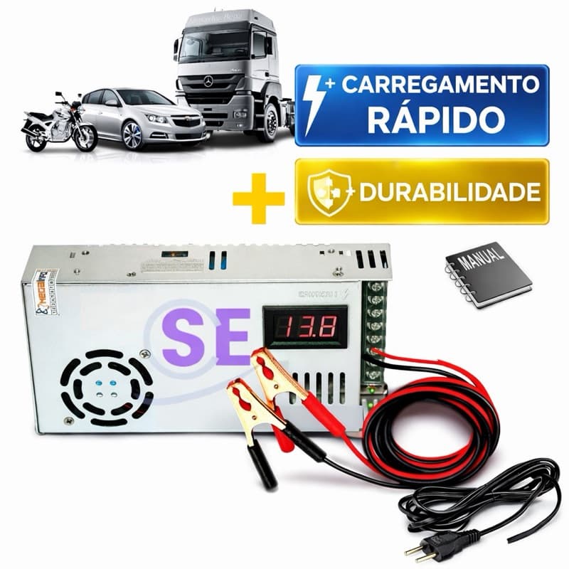 Fonte Automotiva Chaveada 150A Carregador de Bateria 12/13.8V com regulagem de Tensão Voltimetro Cabo e Manual