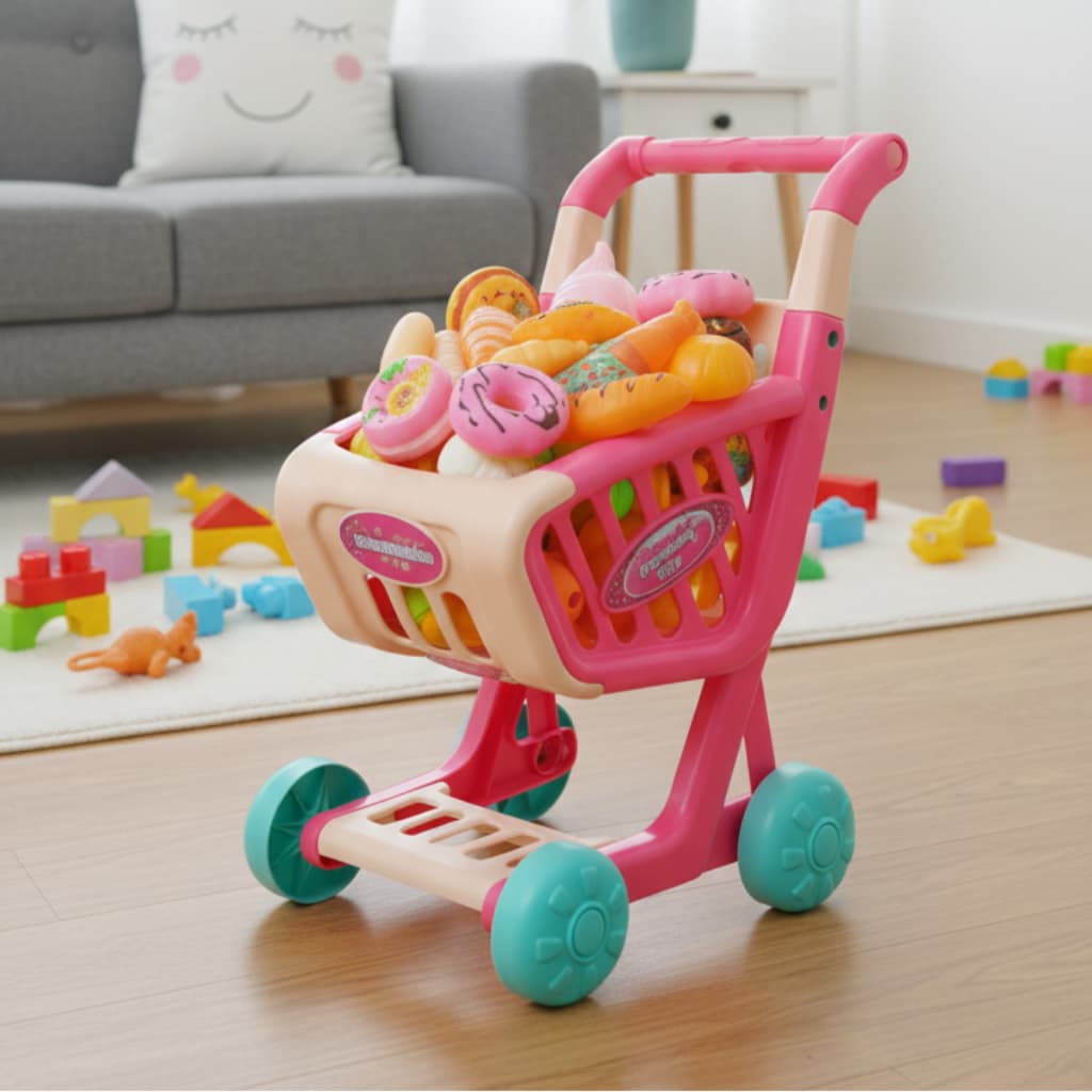 Carrinho De Compras Supermercado Infantil Mercado Azul com Frutinhas e Rosa com Docinhos